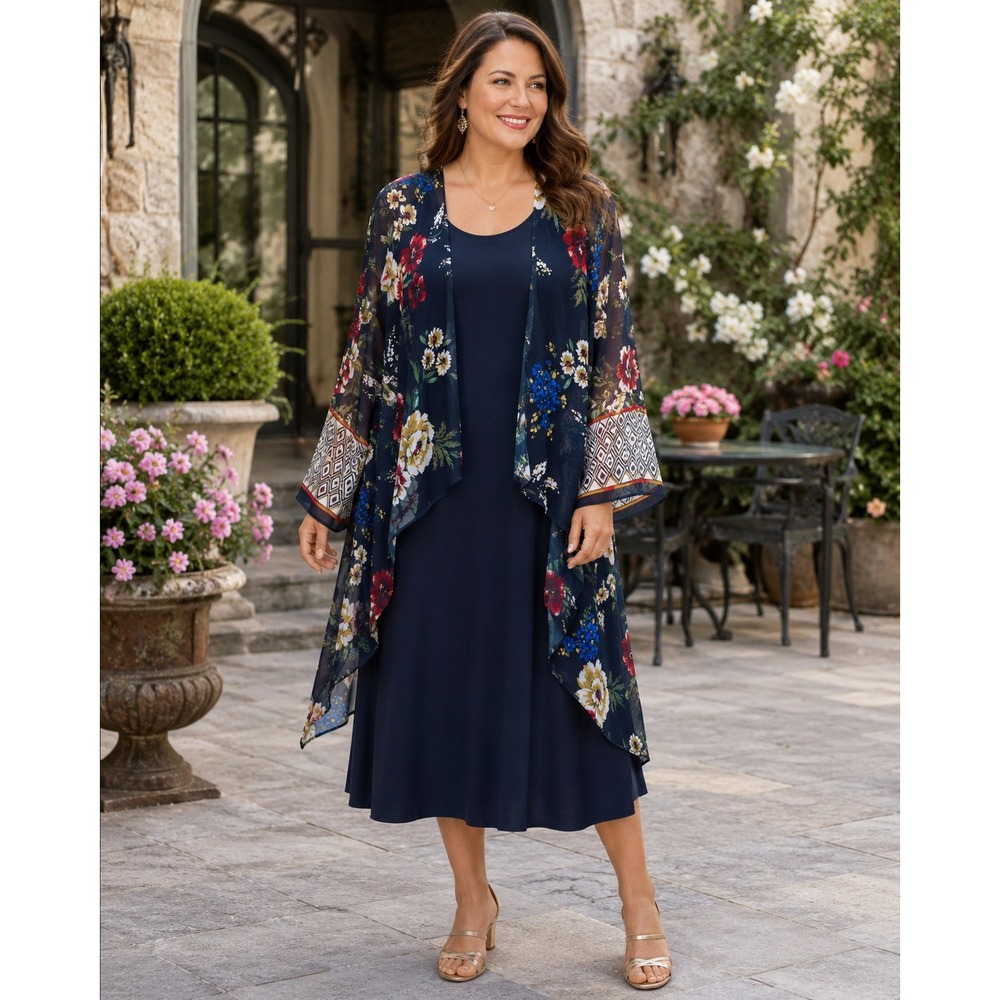 487. Floral Chiffon Sleeveless Midi Dress Layered Look